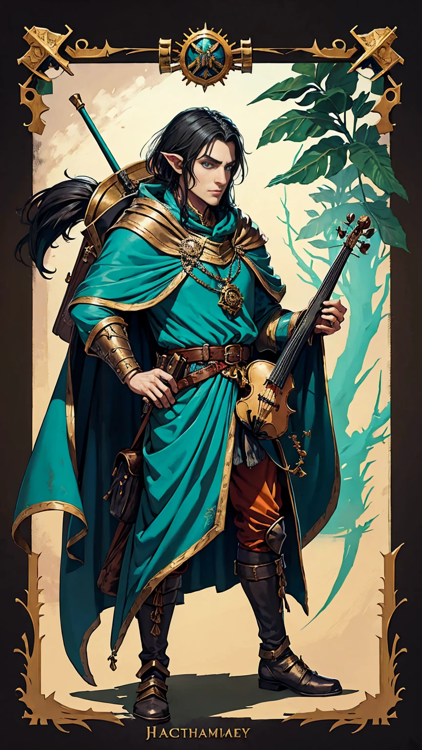 warhammer fantasy roleplay art style , high elf, court jester costume, black hair, turquoise eyes, full body, wearing backpack with bedroll, belt pouch, cloak, violin over shoulder