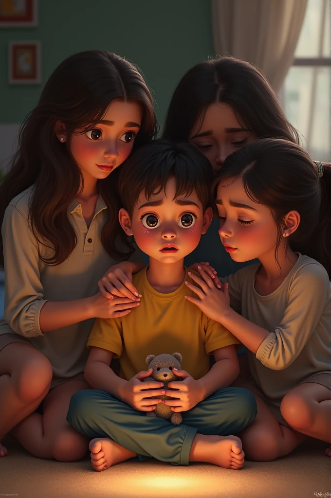 1 boy cries and is comforted by 3 girls