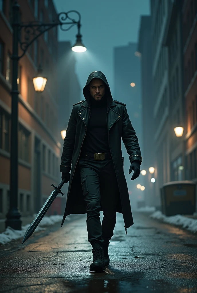 Hiper focus, Blade (marvel) walking down a dark street at night, ultra realisitic, Reality, hiperReality