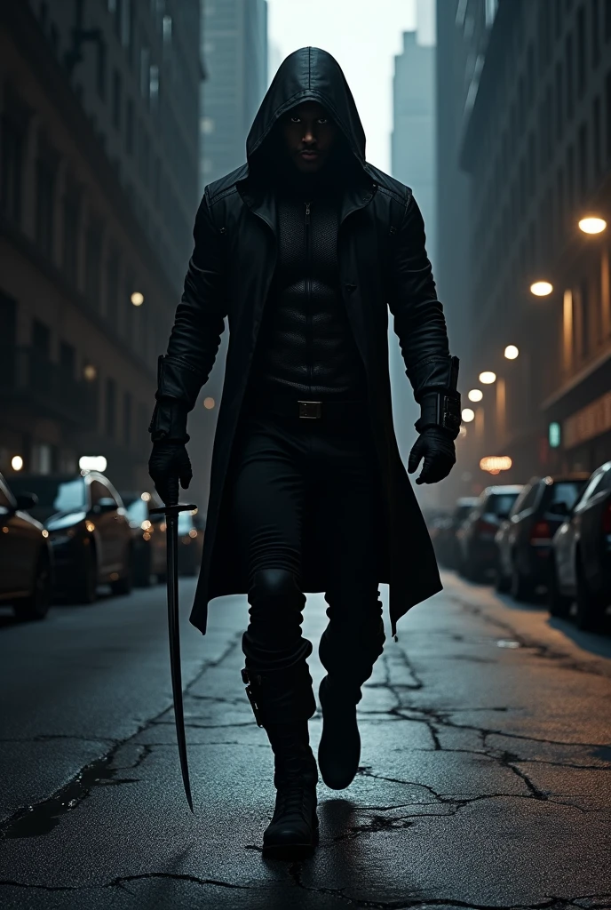 W komiskowym stylu, w stylu DC comics. Super złoczyńca. Stalker nosi obcisły, dark gray overalls, which is both light and durable, made of light-absorbing nanomaterials, co potęguje jego zdolność do niewidzialności. Na twarzy ma maskę z przezroczystego materiału, which allows him to see the world in infrared and ultraviolet, while hiding his identity. His body is slim and the effects of the mutation are clearly visible - his skin is pale., a żyły widocznie pulsują ciemnym kolorem. Even though his legs are paralyzed, they are slightly distorted, co dodatkowo potęguje jego upiorny wygląd. Nogi ma wyprostowane. You can see it levitating slightly above the surface.