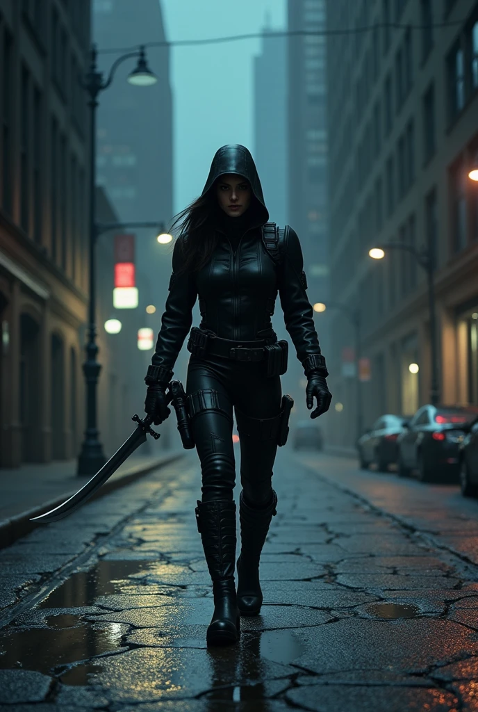 Hiper focus, Blade (marvel) walking down a dark street at night, ultra realisitic, Reality, hiperReality 