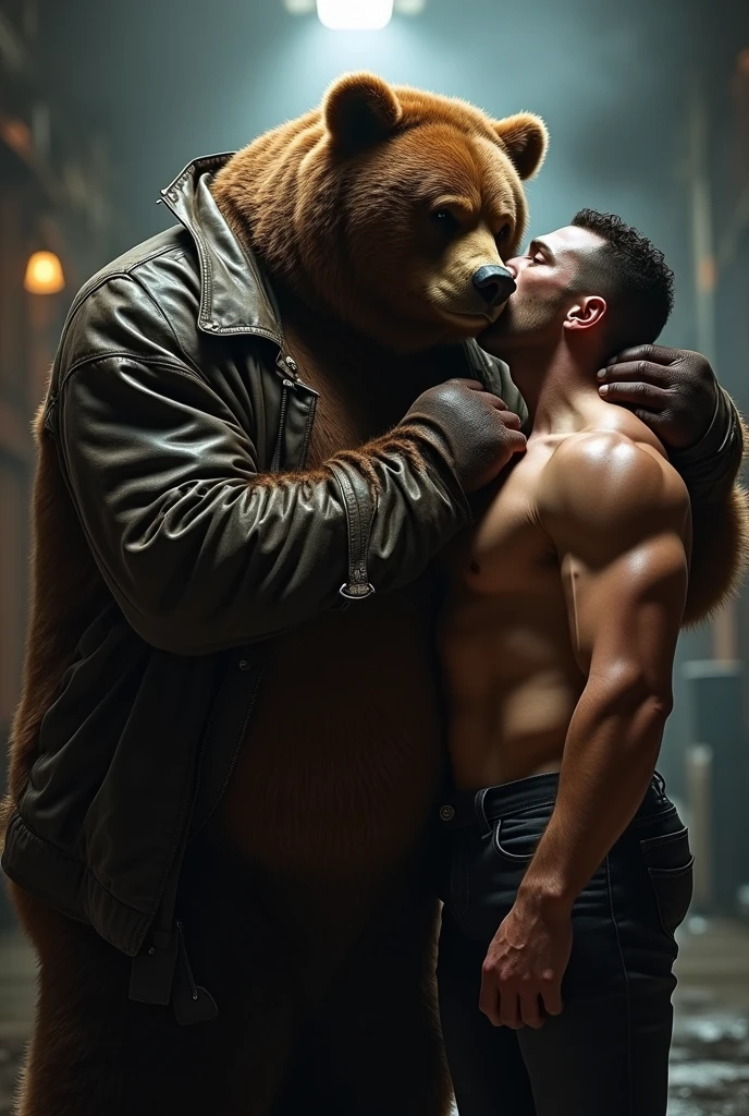 Big fat mafia bear in leather jacket with no gloves kissing a super muscular man with ???????? 