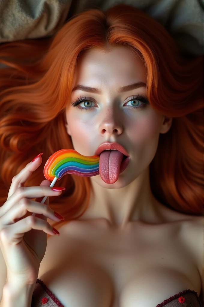 (full body shot:1) photorealistic image of a (laying pose:1) woman, ultrarealistic, photography, long red hair, woman, 24 years old, hourglass figure, perfect body, Flirty look, natural medium breasts, blur background, her wet tongue licking a thick and long rainbow-coloured spiral lollipop, a little bit of saliva is dripping from her tongue, seductive look, long eyelashes, cat-eye make-up
