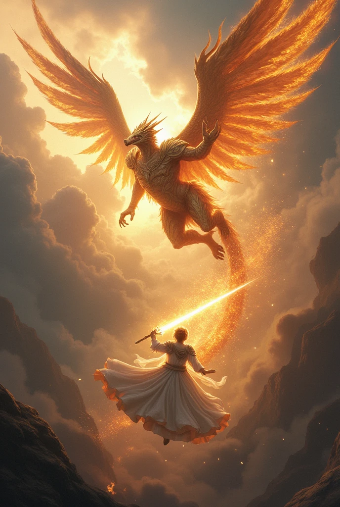 Battle between an archangel with a sword in the clouds vs a dragon coming from below 