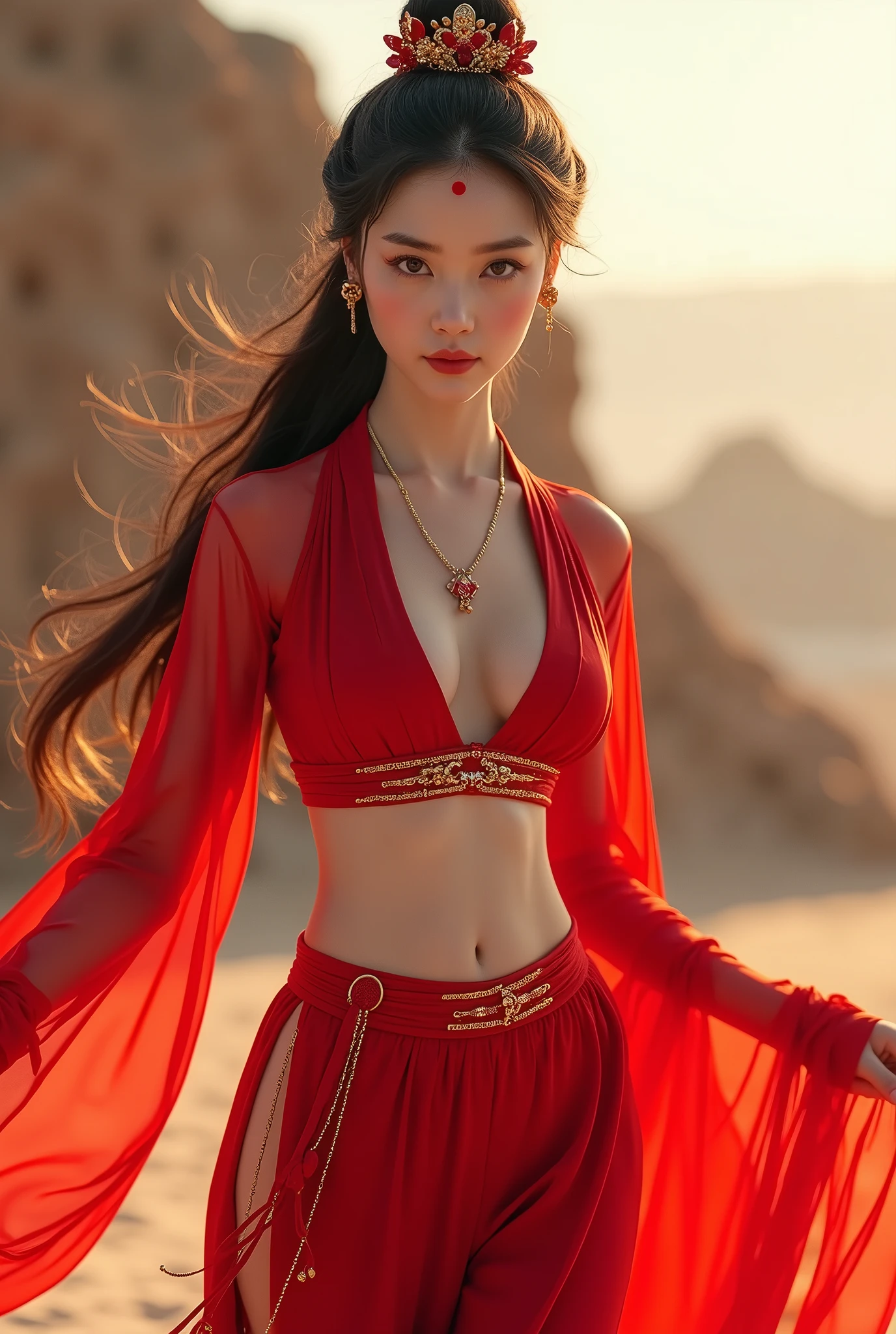 (8k, RAW image, best quality, masterpiece: 1.2), (real, real photo: 1.4), (ultra-detailed 8k unity CG wallpaper), (1 girl: 1.5), vietnamese beauty, (red clothes: 1.4), red spots on forehead, pale skin, blush, big eyes, full body, thighs, exposed navel, gold chain on waist, gold jewelry, flying ribbons, beads, background is Loulan ancient city, ancient city wall, desert, dance, Dunhuang dress, Dunhuang style,