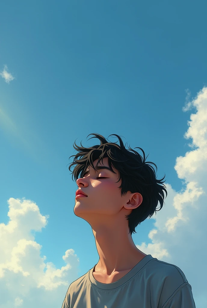 Create an image of a ager looking at the sky with his eyes closed. With wavy black hair, more masculine and brown skin color.