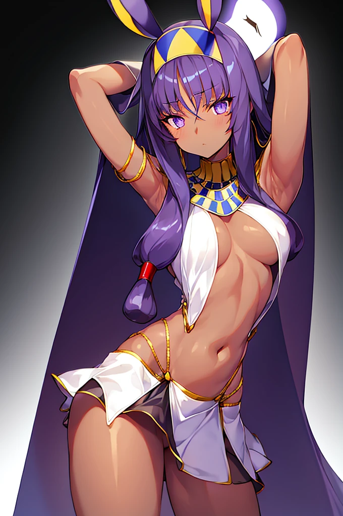 Black background with spotlight, Long eyelashes,
Black background with spotlight,　White jacket、White mini skirt、Nitocris, beautiful girl、Raise your arm and show your armpit., Brown Skin