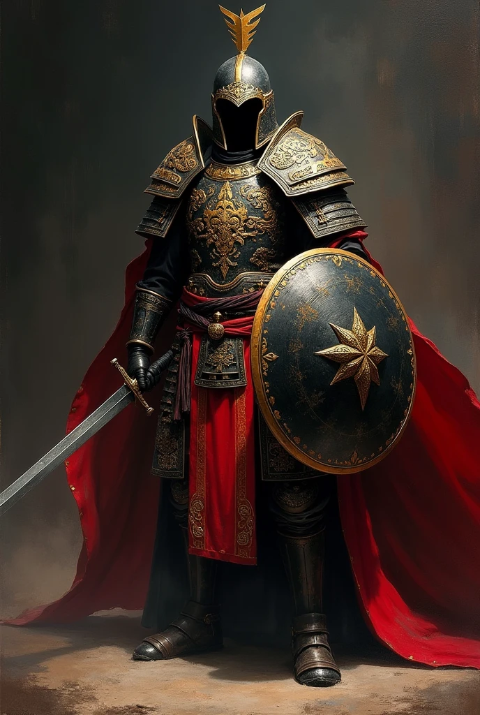 In the dark environment, a fierce Mongolian warrior stands ready for battle, face obscured by his helmet, as if embodying the spirit of death and fear. Soft side lighting casts a subtle glow on the black red and gold armor, accentuating the intricacies of the blackened design. The warrior's elegant Mongolian armor shines with a metallic sheen, complemented by the round shield and shining sword held at the ready. The masterful painting style, reminiscent of Anders Zorn and Aleksi Briclot, transports the viewer to a realm of realism and intimidation, as if gazing upon a highly detailed oil on canvas masterpiece.