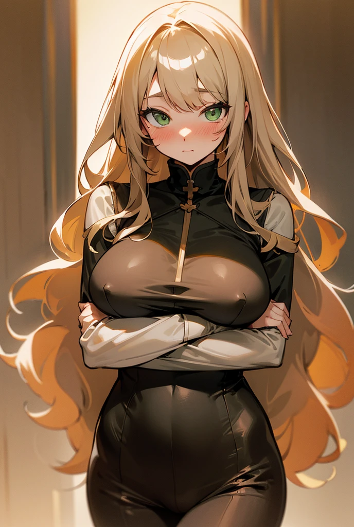 One person, solo, Long Hair, Blushing, Green Eyes　Sister standing portrait, Large Breasts, とてもLong Hair, Sepia　Beige hair　Black tight clothing　The Scapular　Sister&#39;s Clothes