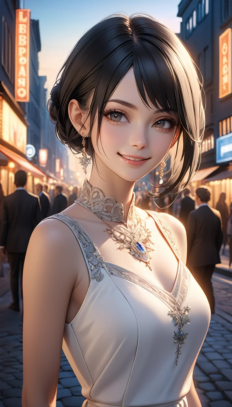photorealistic highly detailed standing beautiful Scandinavian woman, dreamy face expression, happy, smile, looking at camera, bright long black hair, slender perfect face, slim, elegant long white dress, vivid make-up, epic character composition, [[goth]], sharp focus, evening, global illumination, masterpiece, jewelry, background is unfocused cityscape, photo-realism