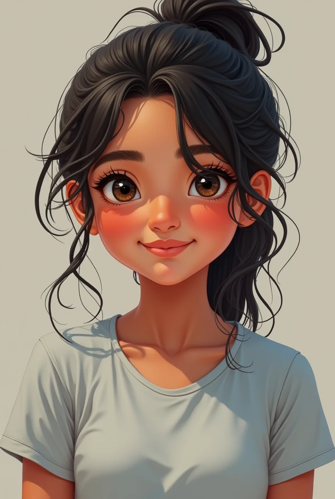 A detailed portrait of an 13year-old female indian teenager. She has a frame, a youthful glow to her complexion, expressive eyes filled with curiosity, and a dimpled smile. She has medium-length hair tied up in a casual ponytail. She is wearing a comfortable stylis t shirt