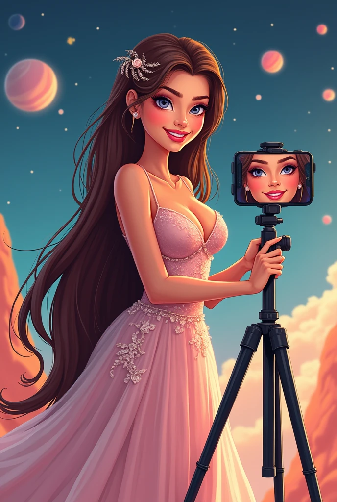 Beautiful woman with long brown hair Wear a cute dress Working as a beauty blogger Doing makeup in front of a mobile phone with a tripod On a planet where other planets can be seen. Cartoon style.