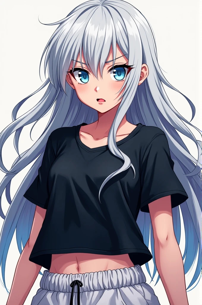 anime style chainsaw man art, girl from , long white hair with scattered bangs, clear blue eyes, full lips and open between, Serious countenance, black understanding t-shirt short sleeve with collar, white sweatpants with combat boots, estilo chainsaw man