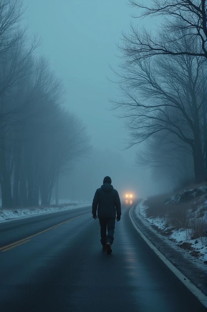 Create an image of a man walking on a highway on a dark night, car and truck walking, quite a bit of fog, walking along the coast, winter clothes, woods on both sides of the highway