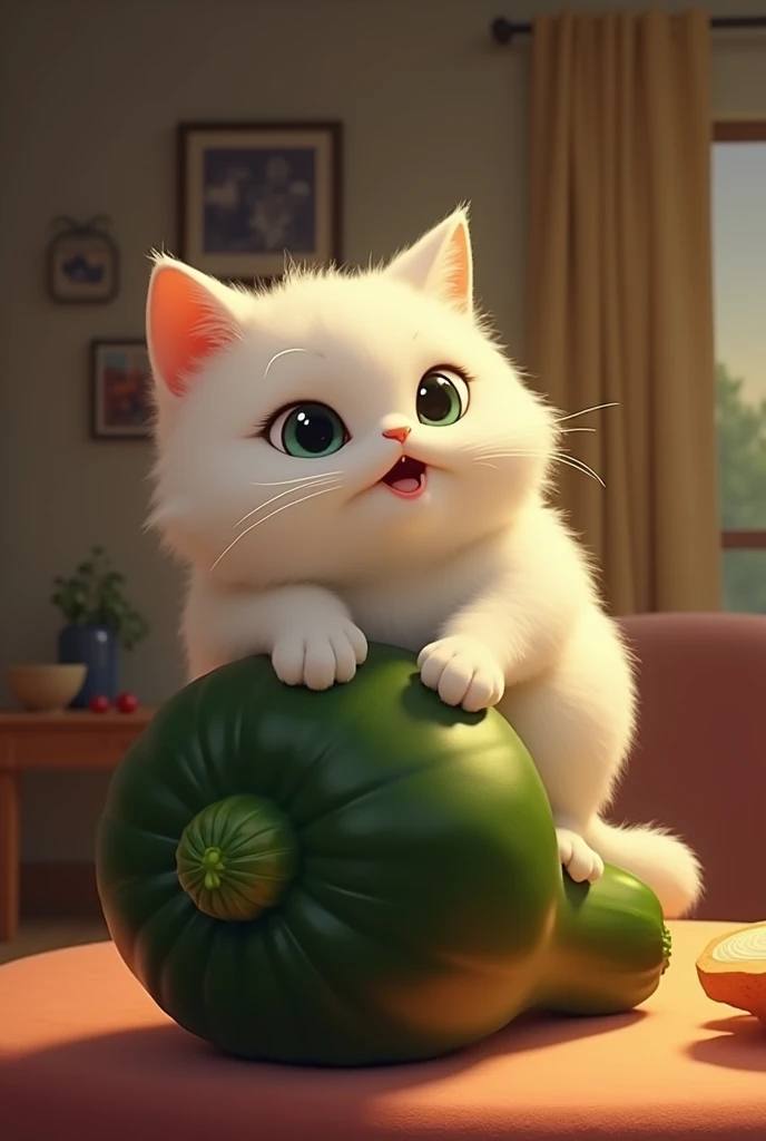 room, evening, white cat tries to bite a huge zucchini while sitting on top of it