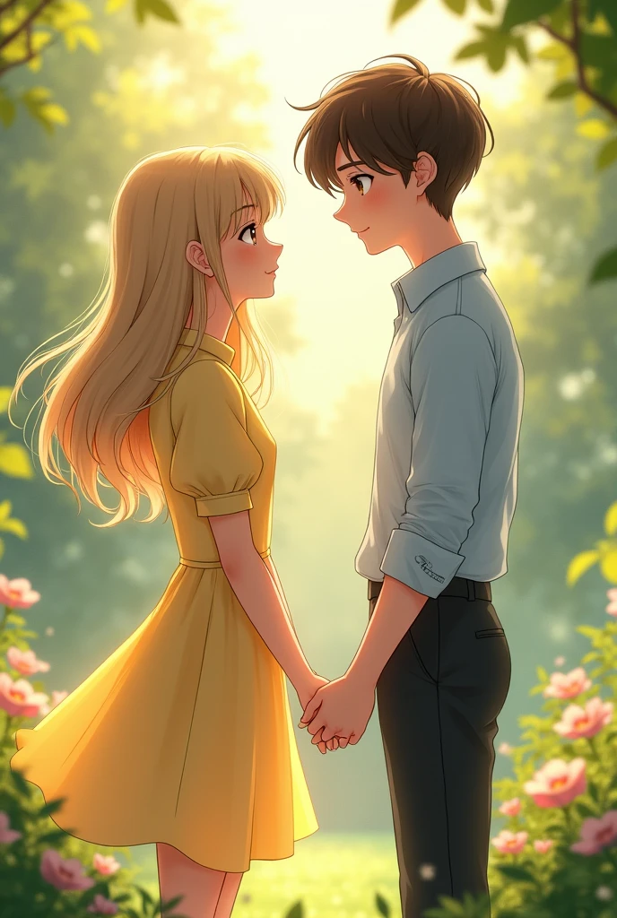 In a sunlit garden, a sixteen-year-old girl and boy stand just two feet apart, their gazes locked. The girl has straight blond hair cascading down her back, and she wears a light yellow dress with round, puffy sleeves that add a touch of whimsy. Her hazel eyes sparkle with warmth. The boy, with his dark brown hair neatly styled, wears a light blue formal shirt paired with black trousers. His brown eyes reflect a mix of curiosity and admiration as he looks at her. The gentle breeze makes their clothes and hair flutter slightly, creating a moment filled with youthful promise and a quiet connection.