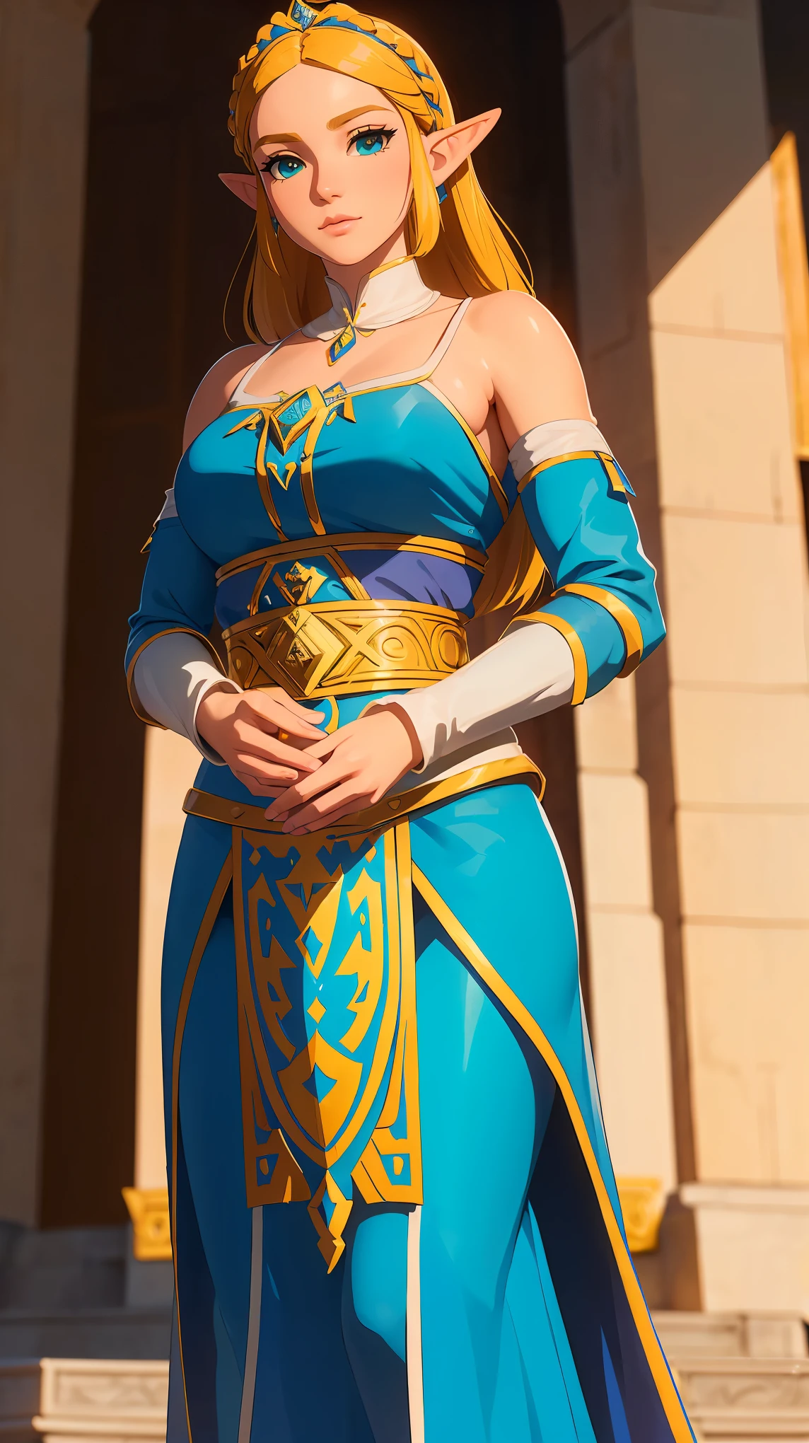 ((masterpiece)), ((best quality)), (detailed), perfect, Alone, zelda, gorgeous woman, Princesa Zelda como reina de Spain, (en el palacio real de Spain), Spain, banderas de Spain, (((Zarzuela Palace)))