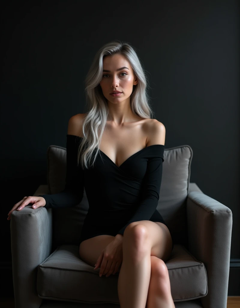 Girl sits elegantly on a modern soft chair, looks straight, Sits up straight, Against the background of a dark room, black off shoulder top, light gray long hair, good lighting, realistically, photo