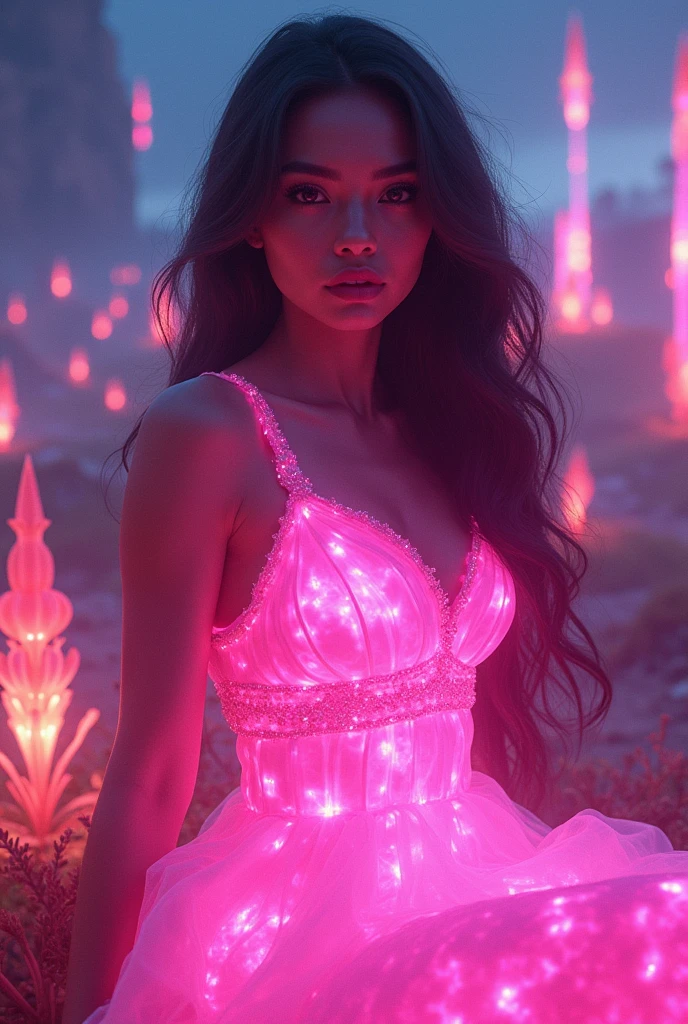 a beautiful woman, neon pink person, glowing environment, entire body radiating vibrant neon pink light, detailed facial features, long flowing hair, elegant dress, graceful pose, cinematic lighting, dramatic atmosphere, surreal scenery, futuristic landscape, glowing plants and crystals, volumetric fog, intricate details, photorealistic quality, vibrant colors, cinematic composition, digital art, concept art