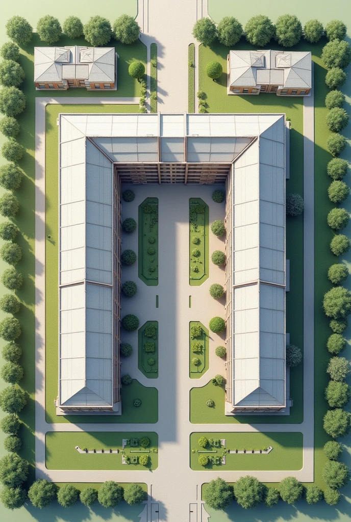 A plan of a two-block school, both two stories high, with two courts