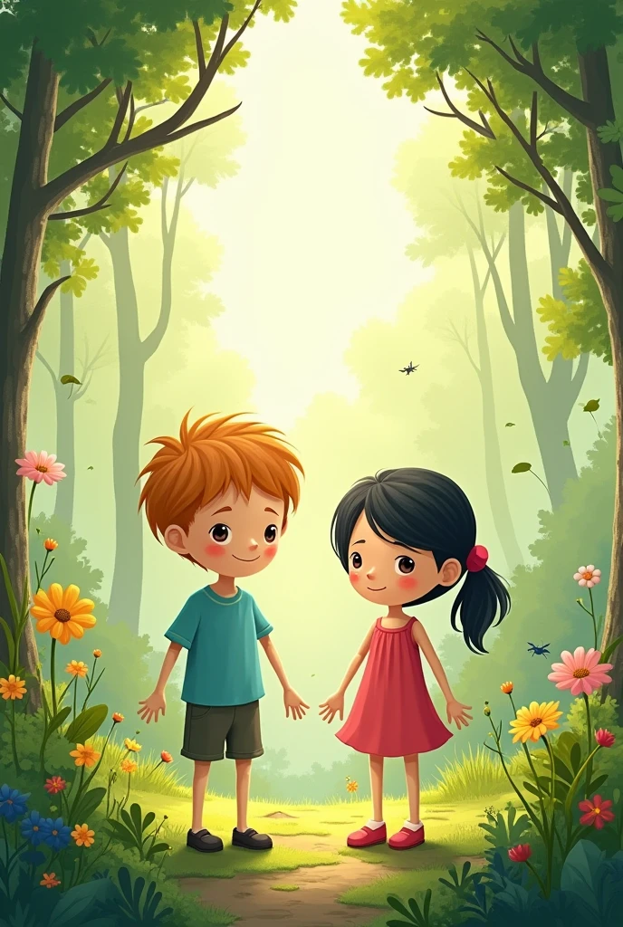two kids boy and girl precisely in a stick figure in a garden setting. the environment does not need to be stick figure, just the children