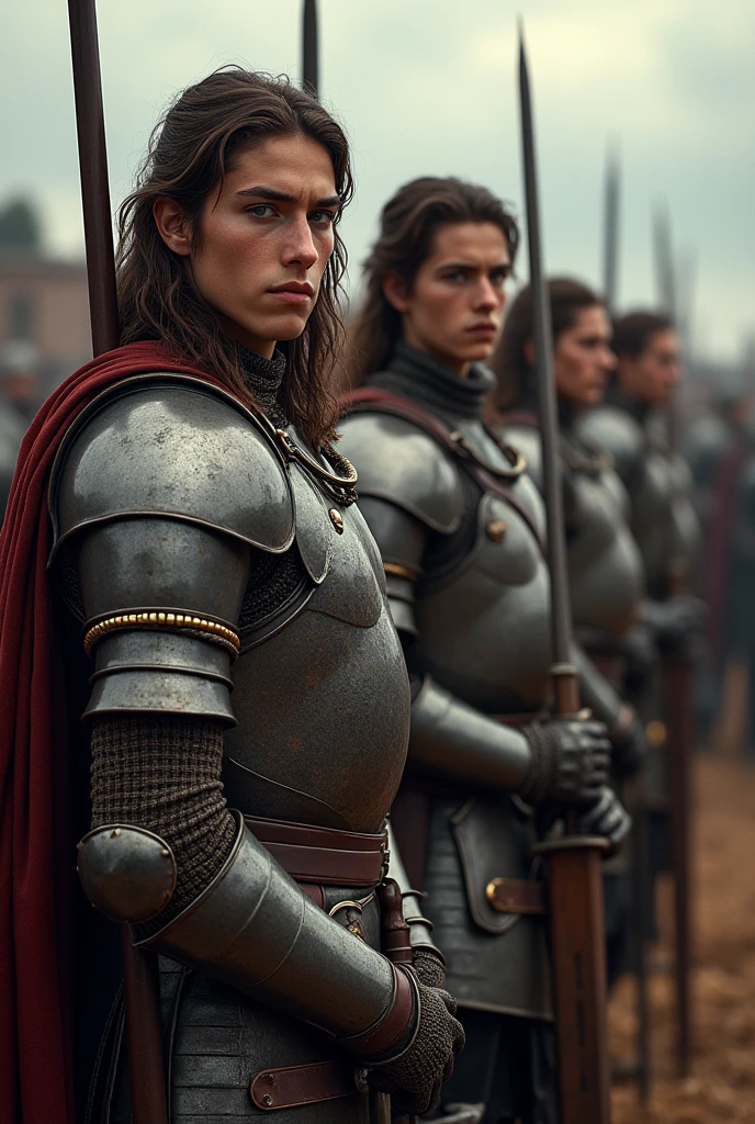 Short Italian soldiers, 24 years old, long brown hair, gray eyes, wearing robust medieval armor. The soldier holds a war sword