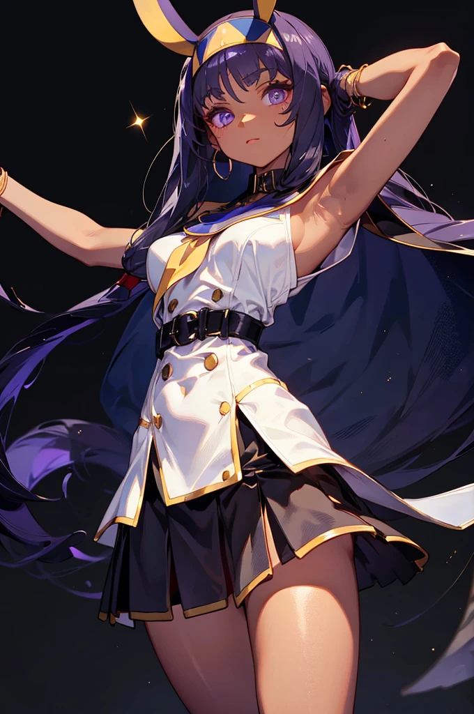 Black background with spotlight, Long eyelashes, Black background with spotlight,　White jacket、White mini skirt、Nitocris, beautiful girl、Raise your arm and show your armpit., Brown Skin