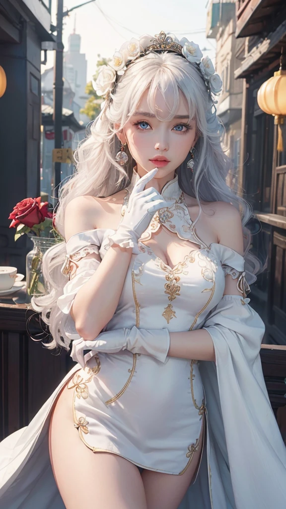 1 girl, (lo style: 1.5), bangs, lips, dress, long hair, blue eyes, high thighs, off shoulder, lo style Chinese dress, Chinese clothing, lipstick, realistic, rose, jewelry, earrings, curly hair, flower holding, gloves, elbow gloves, white gloves, makeup, white thighs, white hair, flower, standing,