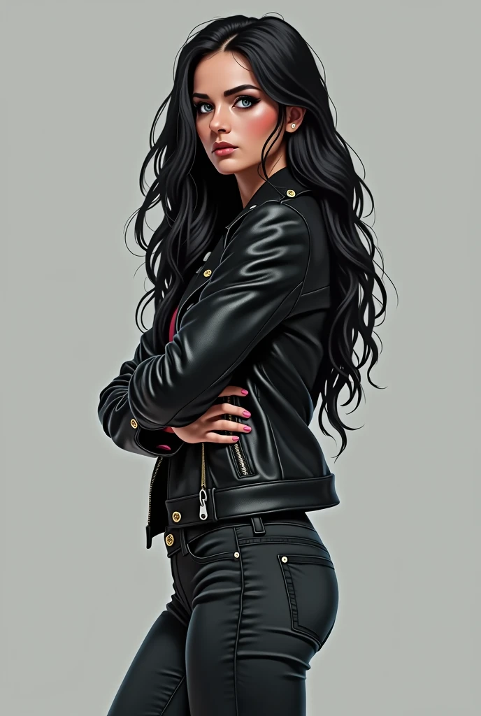 18 year old woman, silver eyes, long black wavy hair, She is dressed in a leather jacket and jeans, both in black tones., Your expression is serious and confident, Digital illustration of book characters with a solid, neutral gray background