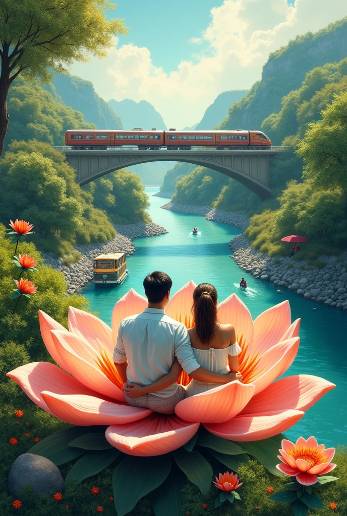 A husband and wife are sitting on a flower and many vehicles are passing by and a train is also passing from the adjacent bridge.