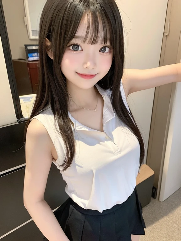  full body:1.4, best quality, 8K, (8-****-***, 10 generations, Lolicon, *****ish, ***********************), cute face, open-breast clothes, white shirt, sleeveless, black skirt, white bra, school uniform, musume san, long hair, bangs, grey eyes, brown hair, medium breast, indoor, looking at viewer, nsfw, black thighhigh, Smile slightly, girl standing,