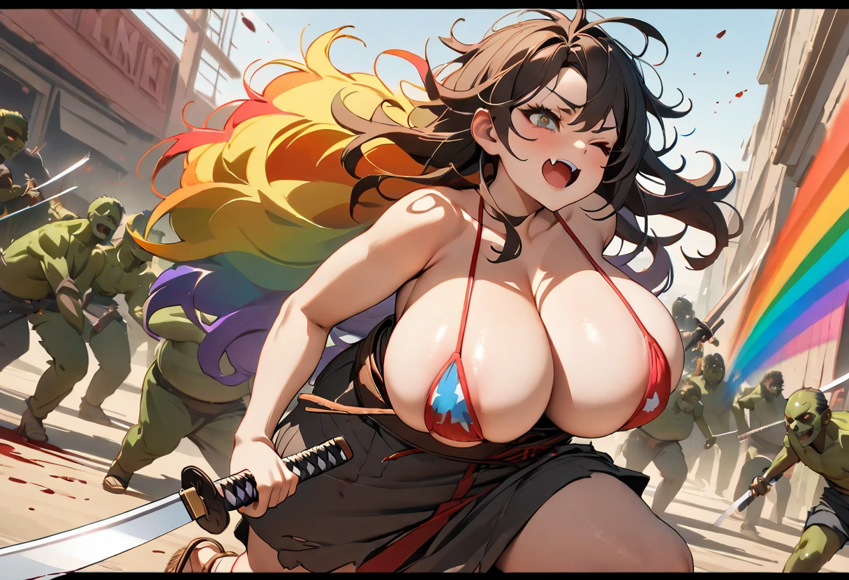 8k, super detail, best quality, 1girl, Full body portrait, (Big Breasts, Plump, Micro Bikini), Cowboy hat, Straw sandals, black hair, multicolored hair, rainbow hair, messy hair, big hair, wince, long eyelashes, fang, drop shadow, ((Japanese sword, Slashing zombies, Zombie hordes, Blood splatter))