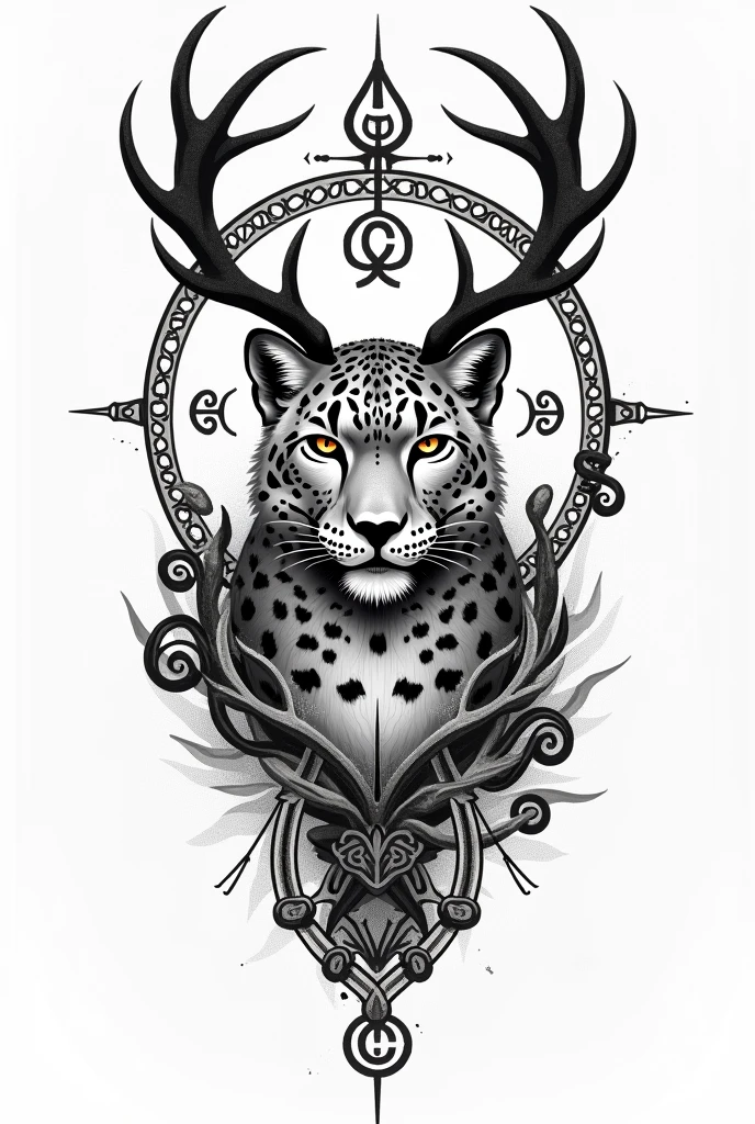 You could create a forearm tattoo sketch of a snow leopard with deer antlers, also with Nordic symbols.