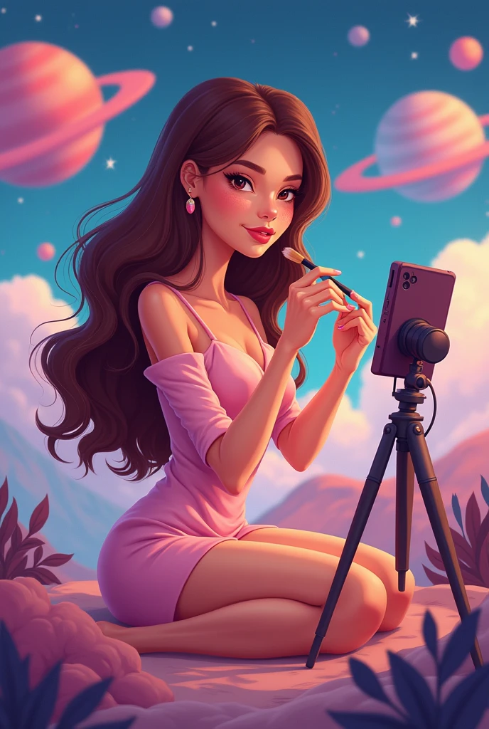 Beautiful woman with long brown hair Wear a cute dress Working as a beauty blogger. Doing makeup in front of a mobile phone with a tripod On a planet where other planets can be seen. Cartoon style.