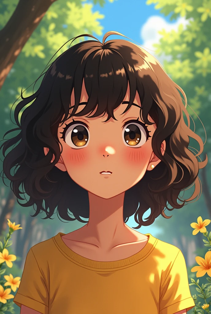 Girl with very curly dark brown hair with very curly bangs /curly 90s anime version she must be 19 years old like studio glibli 