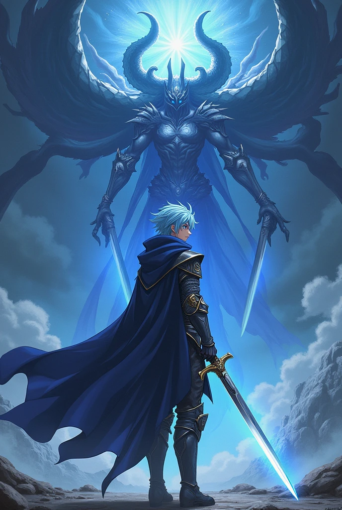 Anime character, a human male with light blue hair. He is a brave knight. His weapons are two holy swords. The first one is a pure white sword with a light aura. The second one is a pitch-black sword with a dark aura. The hero stands facing the beautiful demon lord.