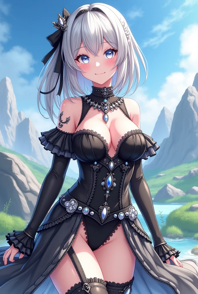 cartoon、Black and White、2 coloronochrome、Manga illustration、 Line art、Super High Resolution Super Quality、anime、Zoom in Enlarge 、smile、Fantasy、Magic Thunder、Bathing Bikini Mage、High quality texture of black clothes, hazy and fantastic light, realistic texture, frills, lace material, luxurious adventurer clothes, sparkling jewels, silver decoration, platinum Beautiful Girl has a Nice Body, highlights in eyes, upper body, snap, blue sky, distant mountain range, rock surface and grassland, bob hair, flower shape into eyes, close-up, zoom up
