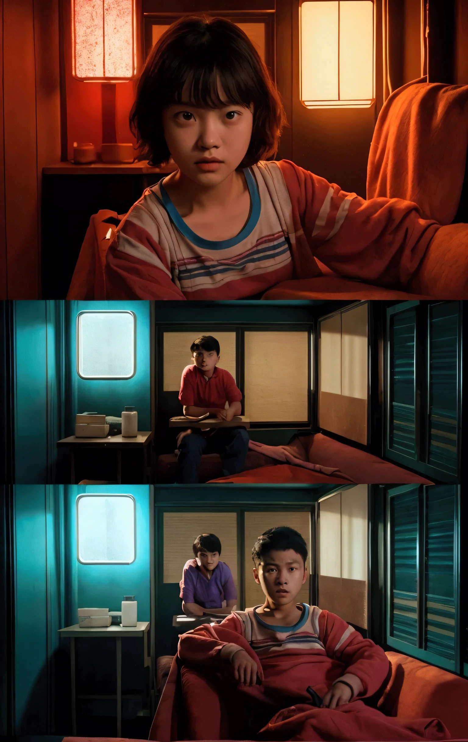 there are two pictures of a young boy and a girl sitting on a couch, chungking express color palette, highlight scene of the movie, cinematic lighting color scheme, screenshot from a movie, scene from live action movie, still from a live action movie, great cinematic lighting, cinematic contrasted lighting, with cinematic lighting, with cinematic colour palette, cinematic movie shot