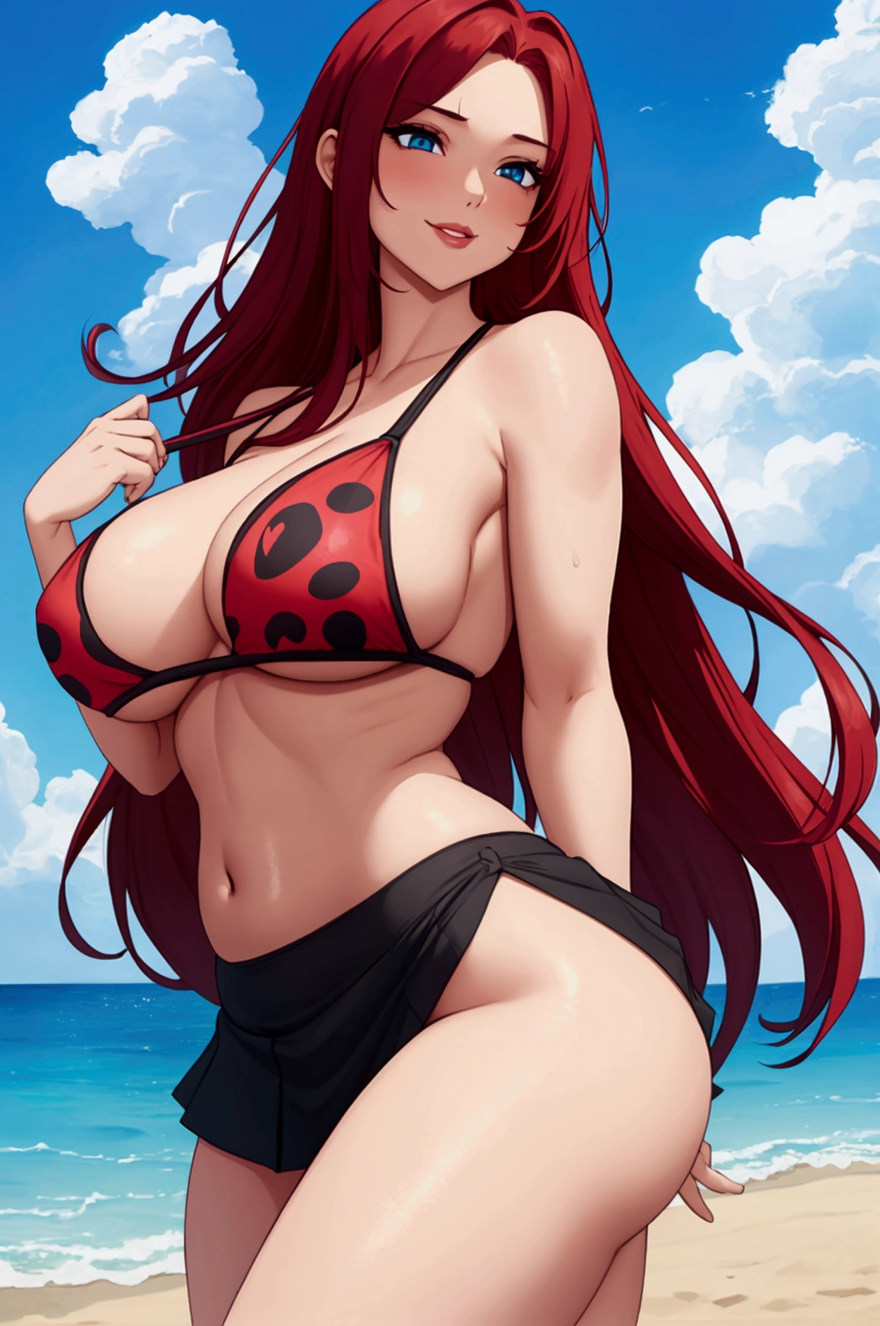 1girl, giant breasts hcup+++, no bra, no bikini, loose tshirt, printed on tshirt is "I sexy Thing 🔥, long flowing red hair, beautiful face, seductive smile, perfect lips, wonderful eyes, perfect curves, juicy curves, not fat, thinn, slightly muscular, flirting, reflections off of her curves, beach, wonderful weather, one hand is grabbing her breasts and the other coming her hair, lift skirt, big ass
