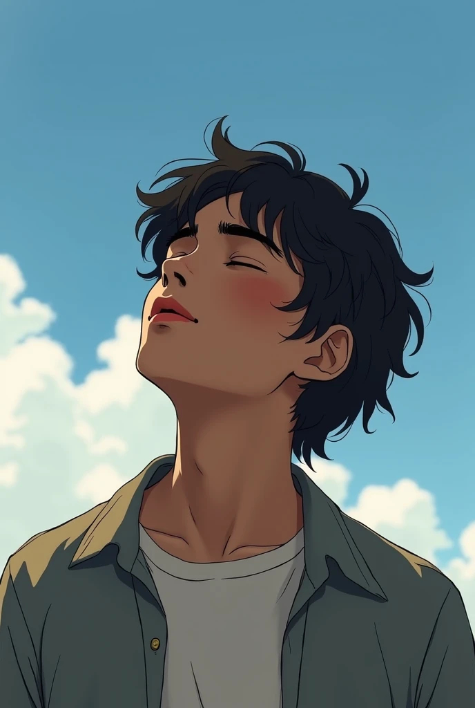 Create an image of a teenager looking at the sky with his eyes closed. With wavy black hair, more masculine and brown skin color.