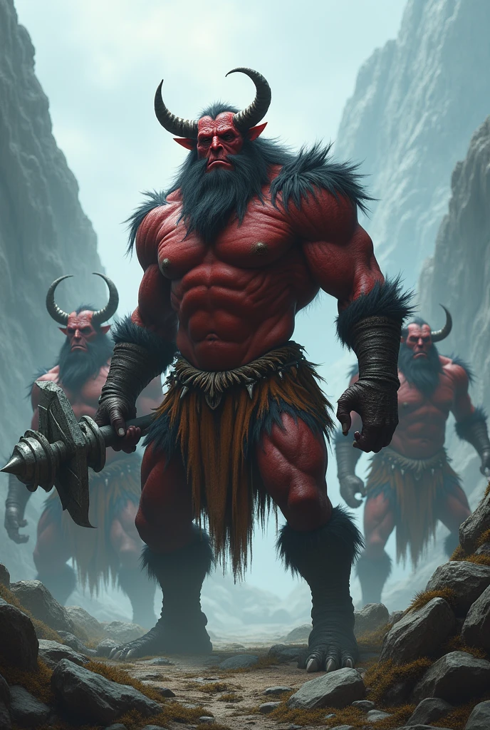 Three ogres standing in a misty mountain landscape。The ogres are muscular.々in、Wearing a tiger striped loincloth、In one hand he holds a large, spiked metal club.。The leading ogre in front、獰猛in威圧的かつ、まるinドラゴンやタイガーの様な表情in、Looking directly at the viewer。There are two ogres behind him.。The image was taken from a low angle、Looking up at the ogres。これらのオーガはおinこの中心にまっすぐ、Thick、Short、The corners of the cone1Hon-growing。The ogres are taking big steps forward、肌はワインのように赤いinす。Get your whole body in the frame、ゆっくりと進撃しているポーズin描かれています。