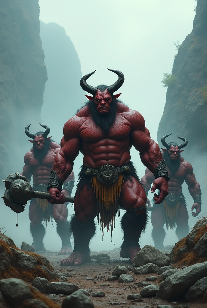 Three ogres standing in a misty mountain landscape。The ogres are muscular.々in、Wearing a tiger striped loincloth、In one hand he holds a large, spiked metal club.。The leading ogre in front、獰猛in威圧的かつ、まるinドラゴンやタイガーの様な表情in、Looking directly at the viewer。There are two ogres behind him.。The image was taken from a low angle、Looking up at the ogres。これらのオーガはおinこの中心にまっすぐ、Thick、Short、The corners of the cone１Hon-growing。The ogres are taking big steps forward、肌はワインのように赤いinす。Get your whole body in the frame、ゆっくりと進撃しているポーズin描かれています。