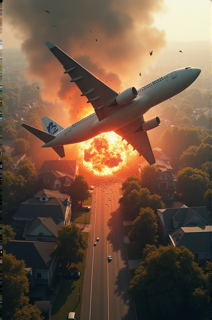 create a picture of the Moment of Impact, with the Boeing 707 crashing into trees and houses on Long Island, followed by an explosion and flying debris – A dynamic scene that portrays the devastating power of the crash hyperrealistic 3d hd cinematic