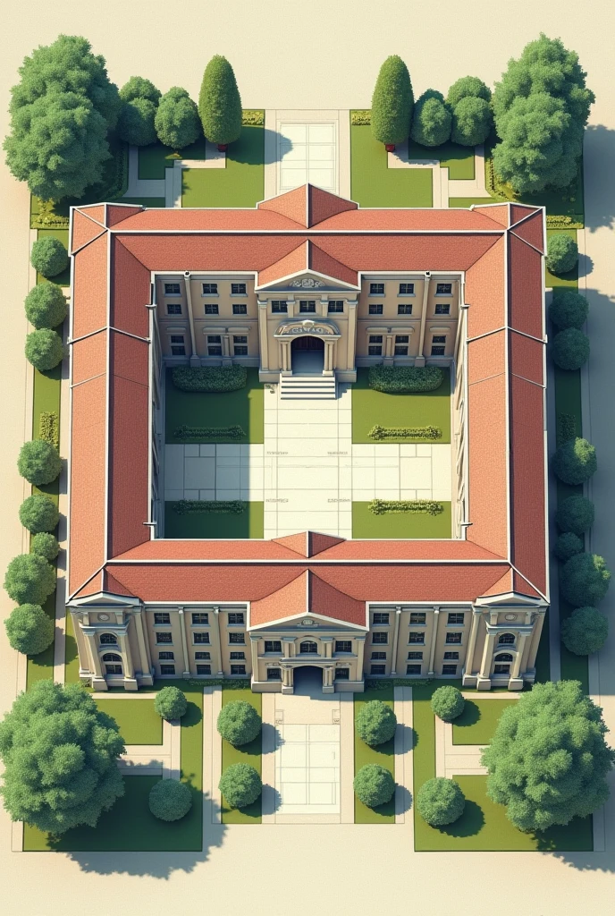 An architectural plan of a two-block school, both two stories high, with two courts
