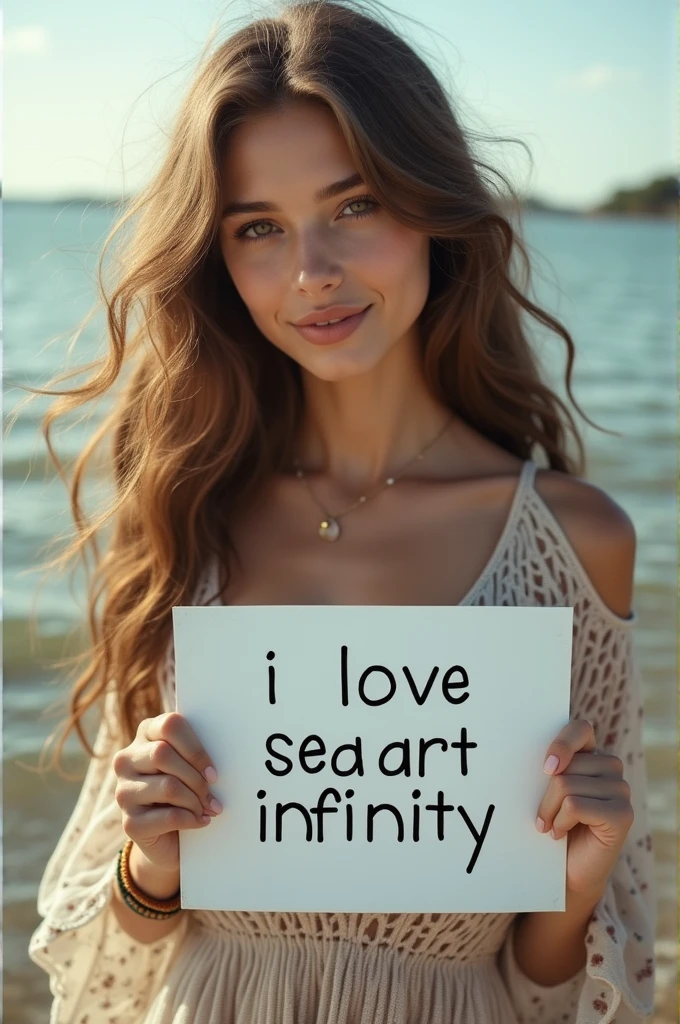 Beautiful girl with wavy long hair, bohemian dress, holding a white board with text "I Love Seaart Infinity" and showing it to the viewer