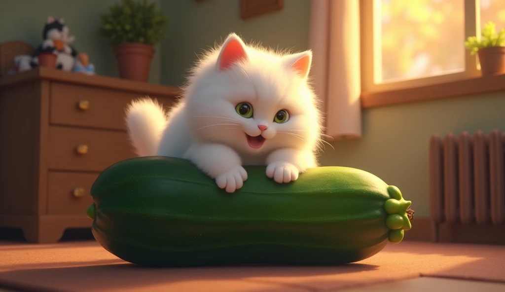 room, evening, white cat tries to bite a huge zucchini while sitting on top of it