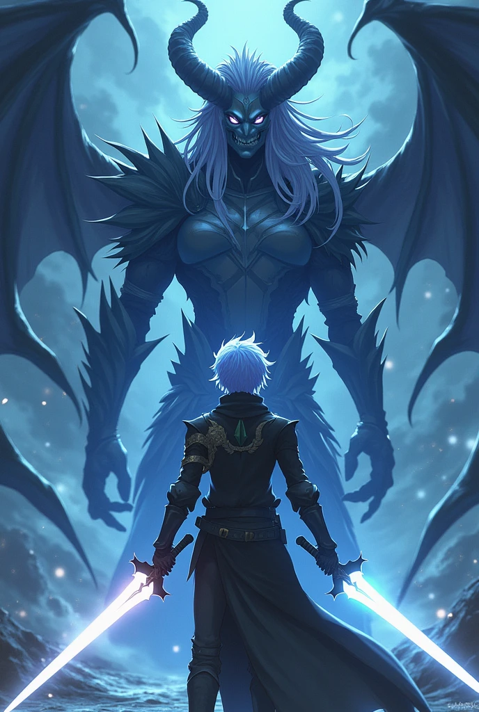 A male anime character with light blue hair. He is a brave knight. His weapons are two holy swords. The first one is a pure white sword with a light aura. The second one is a pitch-black sword with a dark aura. He stands facing the female demon lord.