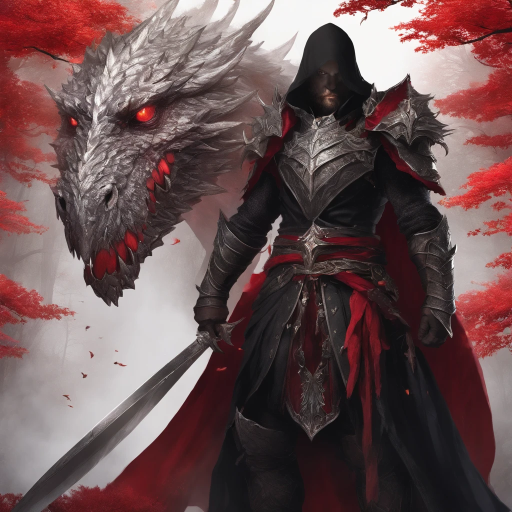 Man in black robes wrapped in silver and red armor with raven emblem, and its immense dragon next to silver colors and red eyes, Both are in a forest full of golden trees but without leaves.
