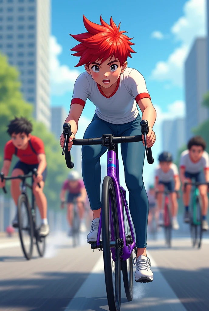 Korean cyclists doing sprinting anime boy red hair wearing causal outfit purple cycle