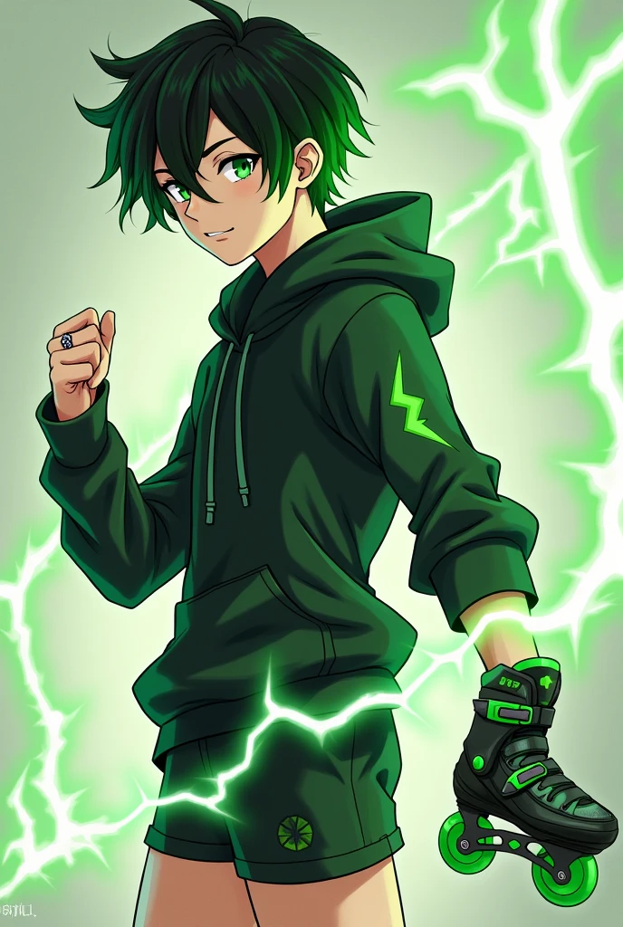 Could you please create an Anime Character. A male character with black hair reaching his ears, bright green eyes, wearing a black hoodie with green lightning around the waist, black shorts, and a silver ring with a subtle lightning pattern. He has a green lightning aura. He schuld wear cool black inline skates with green weehls. His hair should a little bit curly and with a bit green in it. 
Create a picrure. 